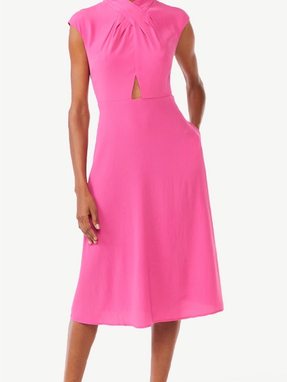 SCOOP Women's Fuchsia Pink V-Neck Cap Sleeve Dress with Pockets